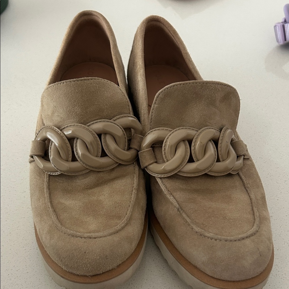 Cole Haan Beige Suede Loafers with Chain Accent